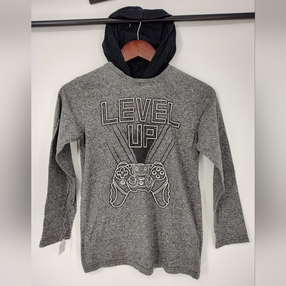 The Children's Place Gray Level Up Hooded Long Sleeve Tee Shirt Boys Large 10/12